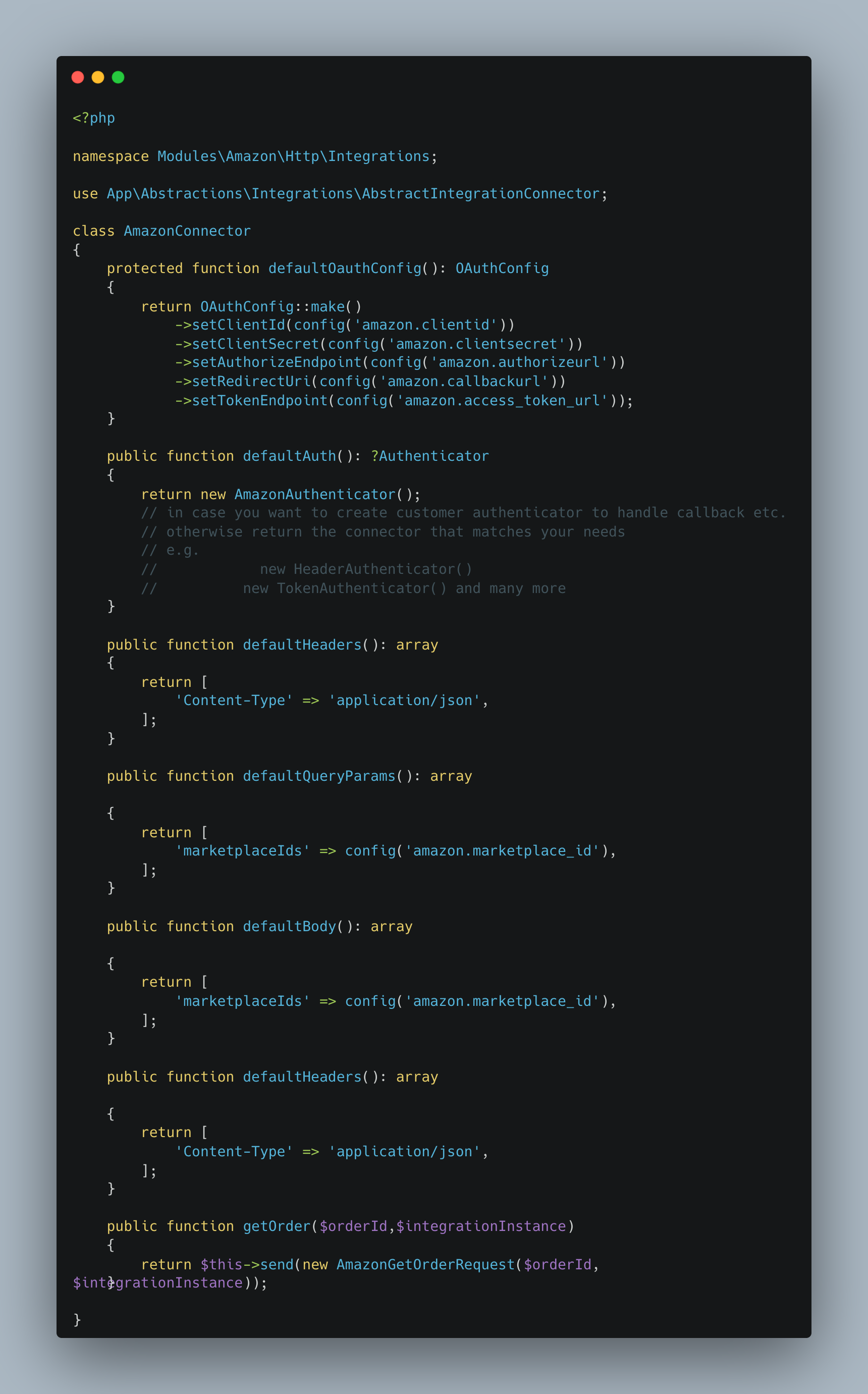 Image shows how the connector class looks like in saloon package php